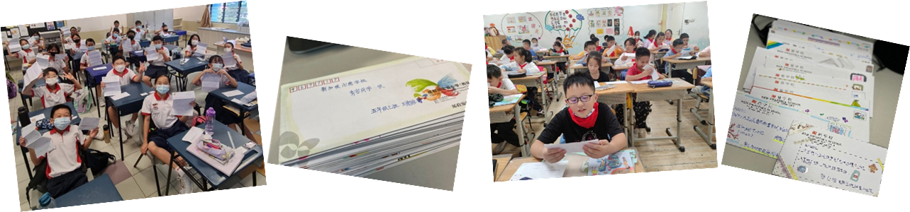 Four photos showing masked students in classrooms holding papers, a stack of letters in Chinese, and handwritten worksheets.